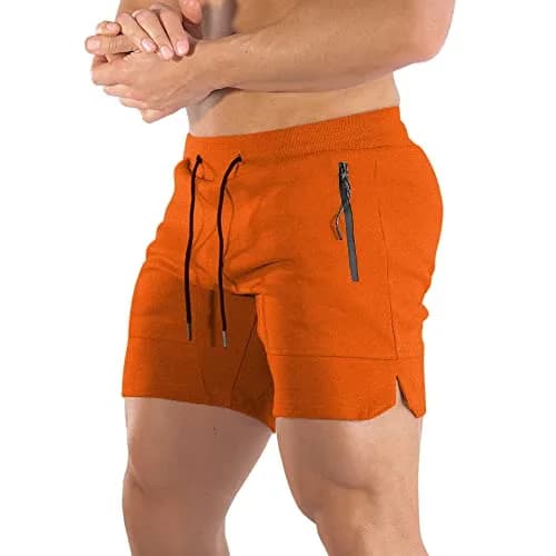PIDOGYM Men's 5" Gym Shorts with Zipper Pockets for Running & Workout | Breathable Polyester Blend, Fitted Fit, Elastic Waist, Orange thumbnail 1