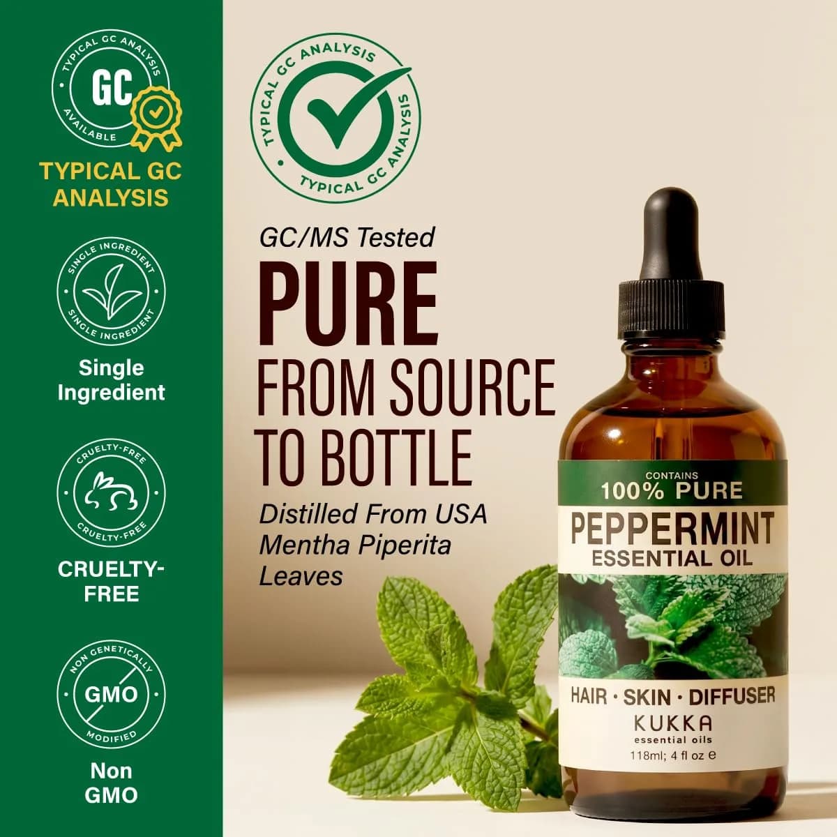 KUKKA Essential Oils Pure Peppermint Oil 120ml (4 Fl Oz) | Steam-Distilled GCMS Tested for Hair, Skin, Diffuser, Aromatherapy & DIY Soap Making Scent - view 4