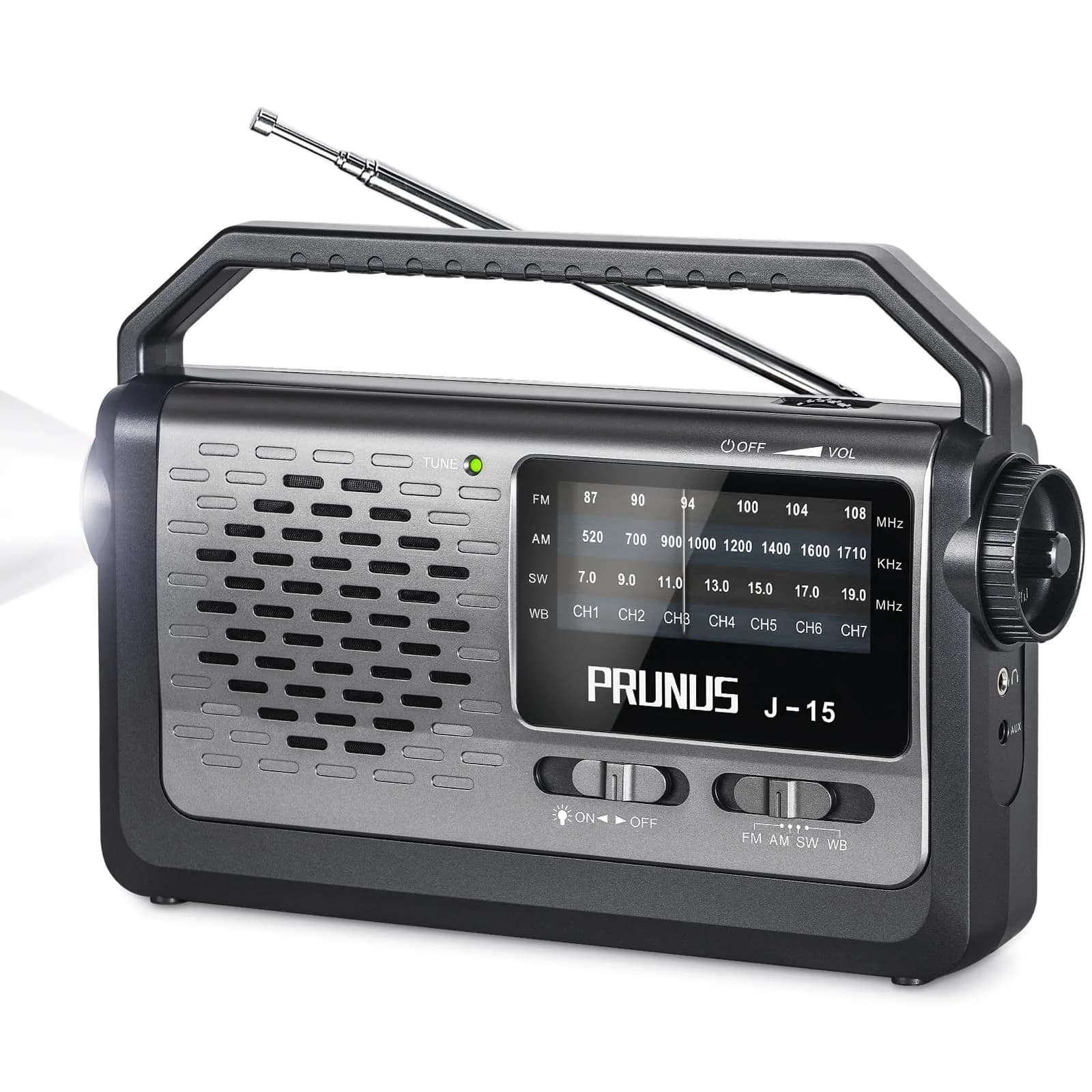 PRUNUS NOAA Weather AM FM Portable Radio | Emergency NOAA Weather Radio with Flashlight & Earphone Jack — Silver