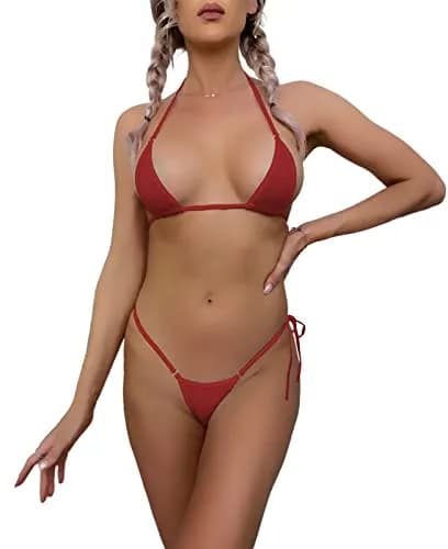 Dadress Extreme Sexy Micro Bikini Set Red | Halter Neck Triangle Top & G-String Bottom thumbnail 8