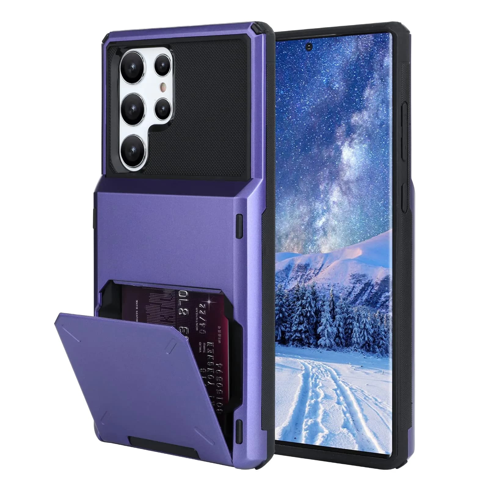 Marphe Wallet Case for Samsung Galaxy S22 Ultra with 4 Card Credit Holder | Double-Layer Shockproof & Card Slot — Purple