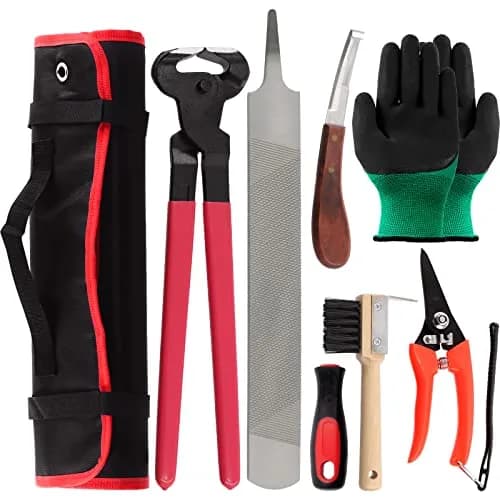 Swpeet 8Pcs Farrier Tools Kit with Roll Pack | Horses Hoof Trimmers, Nipper, Rasp & Knife, Rubber Handle (7 pcs + Gloves) | Pet Supplies thumbnail 1