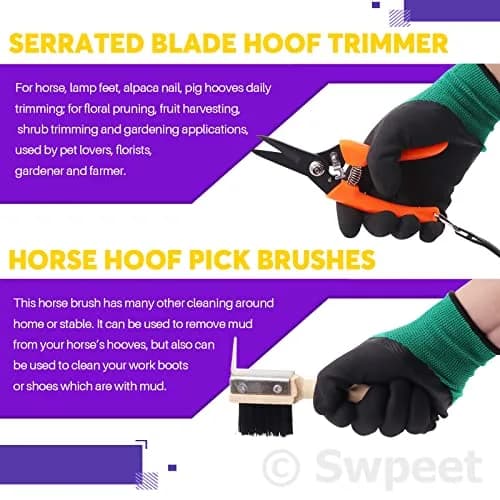 Swpeet 8Pcs Farrier Tools Kit with Roll Pack | Horses Hoof Trimmers, Nipper, Rasp & Knife, Rubber Handle (7 pcs + Gloves) | Pet Supplies thumbnail 4