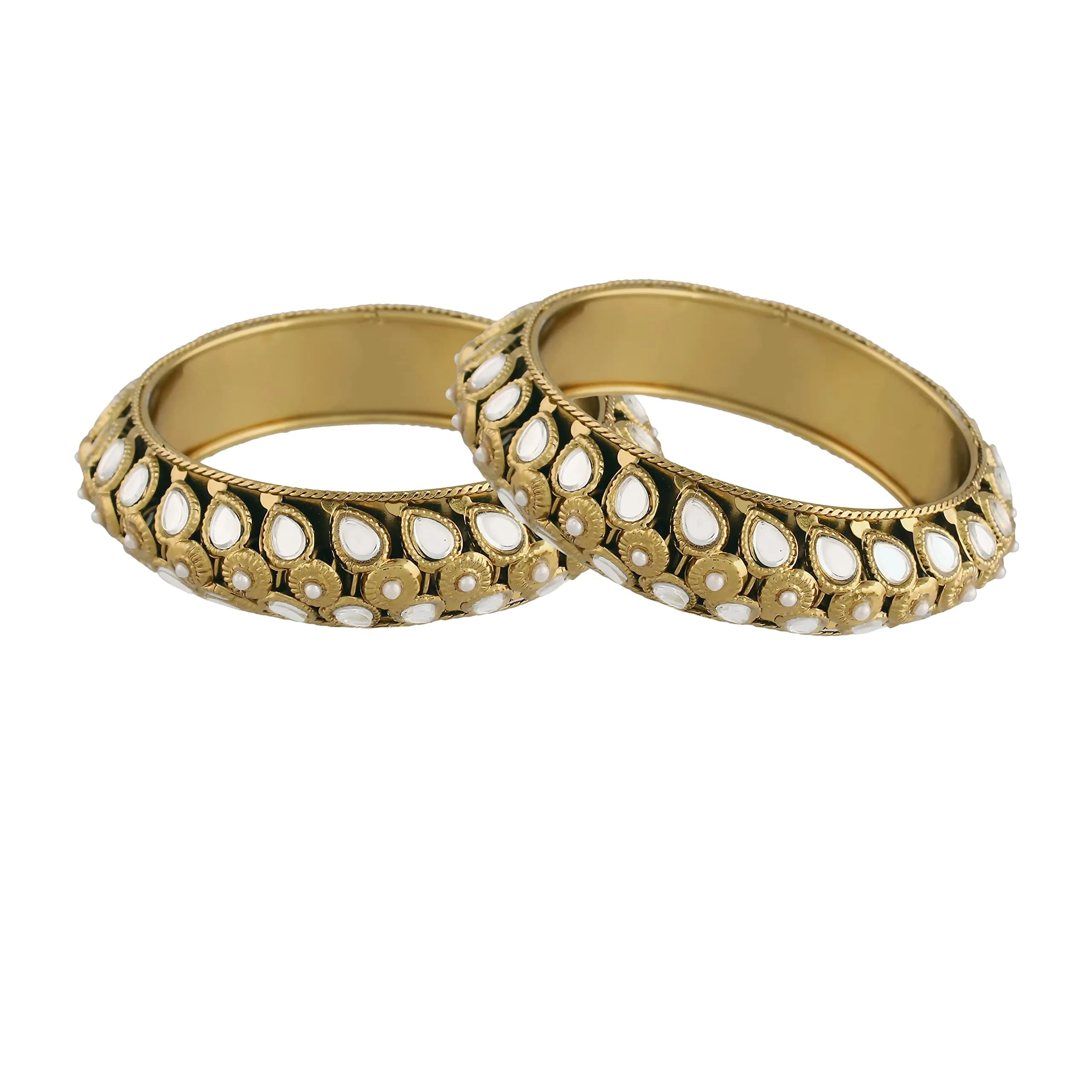 I Jewels 18k Gold Plated Kundan Kada Bangles for Women, Pack of 2, Size 2.6 inches (6.6 cm) — 2.6