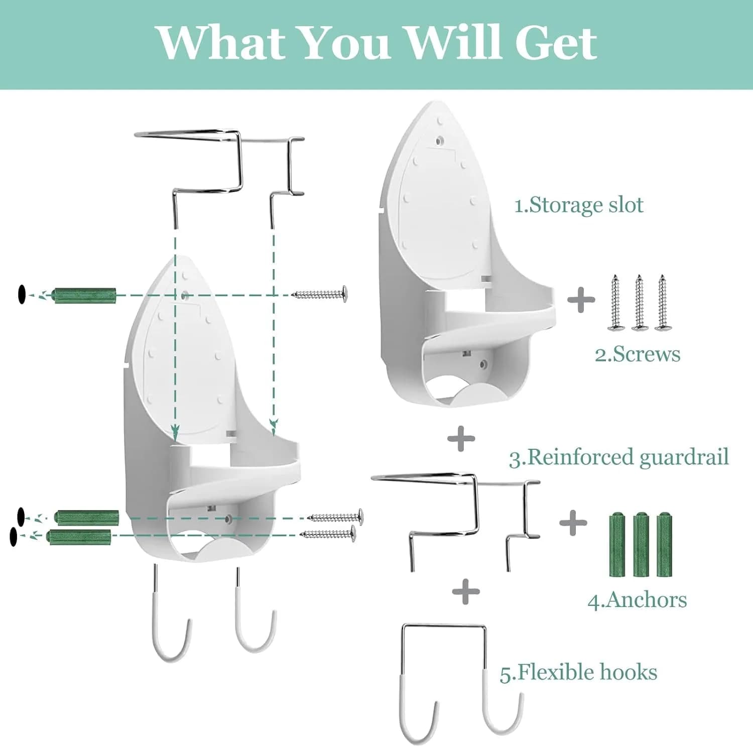 DOUBLE 2 C White Ironing Board Hanger Wall Mount with Hooks for Hot Unplugged Irons & Boards, 15.3cm (6") Wide thumbnail 4