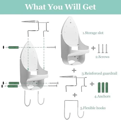 DOUBLE 2 C White Ironing Board Hanger Wall Mount with Hooks for Hot Unplugged Irons & Boards, 15.3cm (6") Wide thumbnail 4