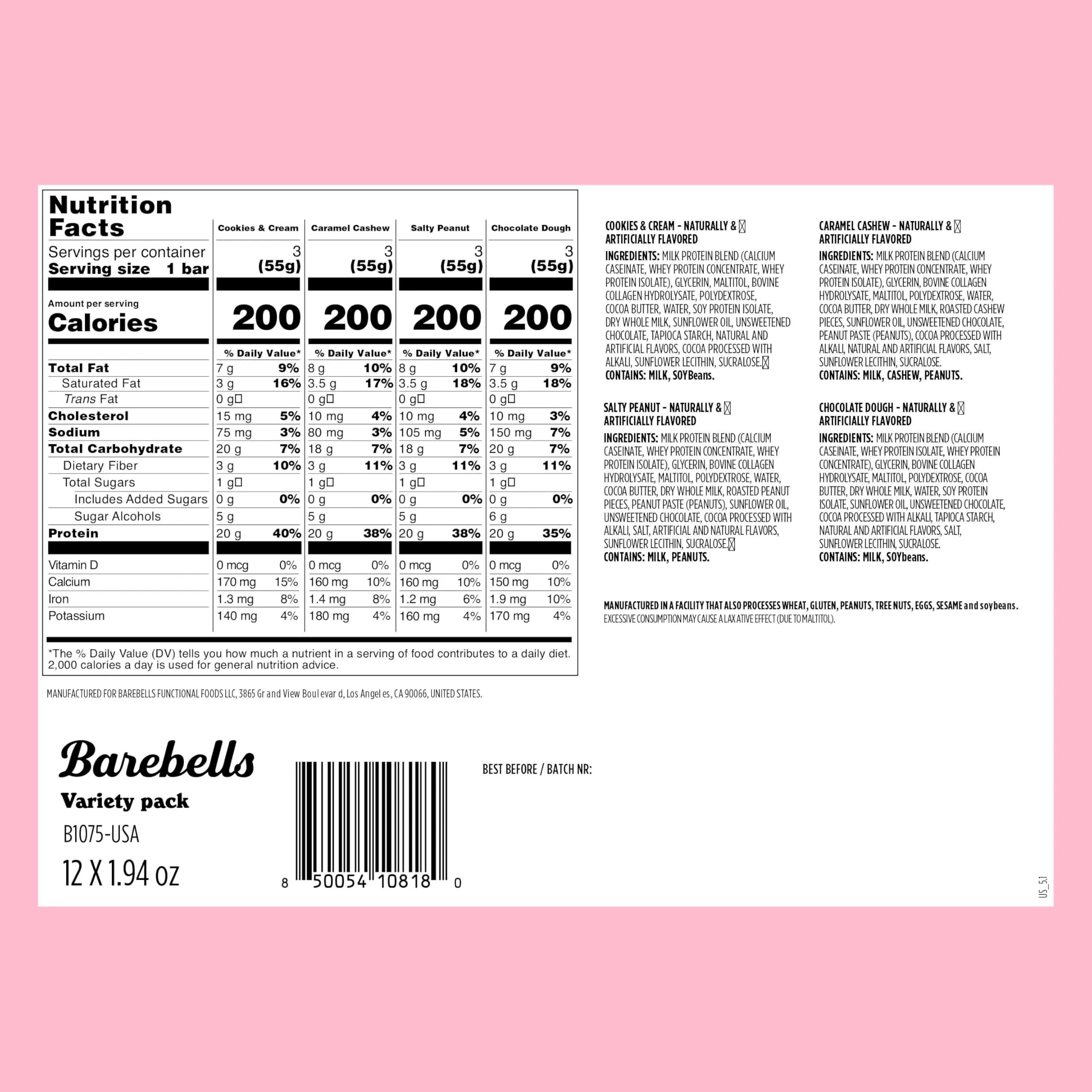 BAREBELLS Protein Bars Variety Pack 12 Count 1.9oz | High Protein Snacks - view 2