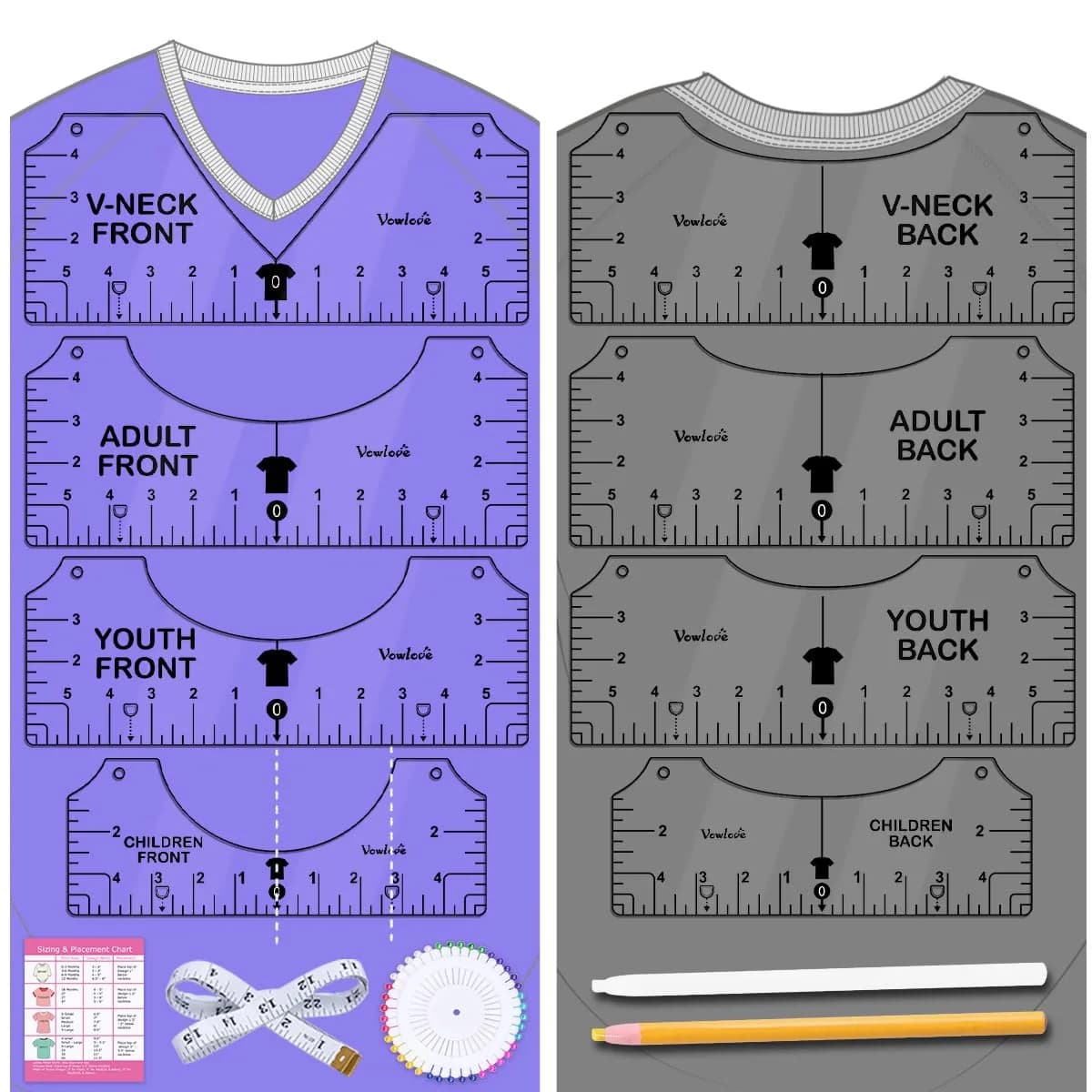 Vowlove T-Shirt Alignment Ruler for Shirt Measurement & Design Placement | Durable PVC, Clear Markings, 8 Sizes - main product image