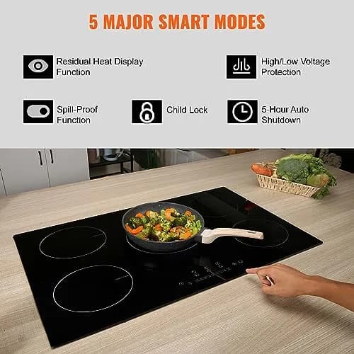 VEVOR 30 Inch 5 Burner Induction Cooktop 9000W 240V | Built-in Ceramic Glass with Sensor Touch Controls thumbnail 4
