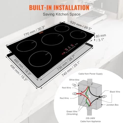 VEVOR 30 Inch 5 Burner Induction Cooktop 9000W 240V | Built-in Ceramic Glass with Sensor Touch Controls thumbnail 5