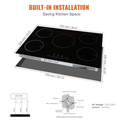 VEVOR 30 Inch 5 Burner Induction Cooktop 9000W 240V | Built-in Ceramic Glass with Sensor Touch Controls thumbnail 6
