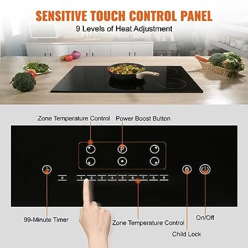 VEVOR 30 Inch 5 Burner Induction Cooktop 9000W 240V | Built-in Ceramic Glass with Sensor Touch Controls thumbnail 3