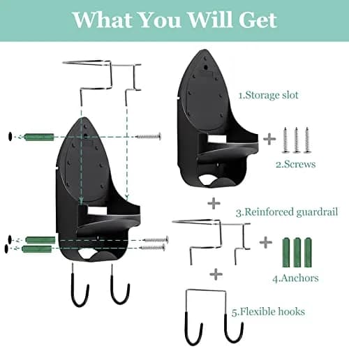 DOUBLE 2 C Black Ironing Board Hanger Wall Mount with Iron Holder & Hooks | 11.3" L x 4.5" W thumbnail 4