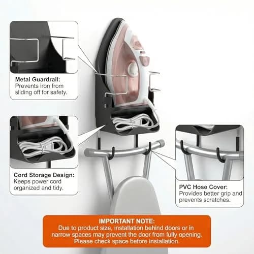 DOUBLE 2 C Black Ironing Board Hanger Wall Mount with Iron Holder & Hooks | 11.3" L x 4.5" W thumbnail 2