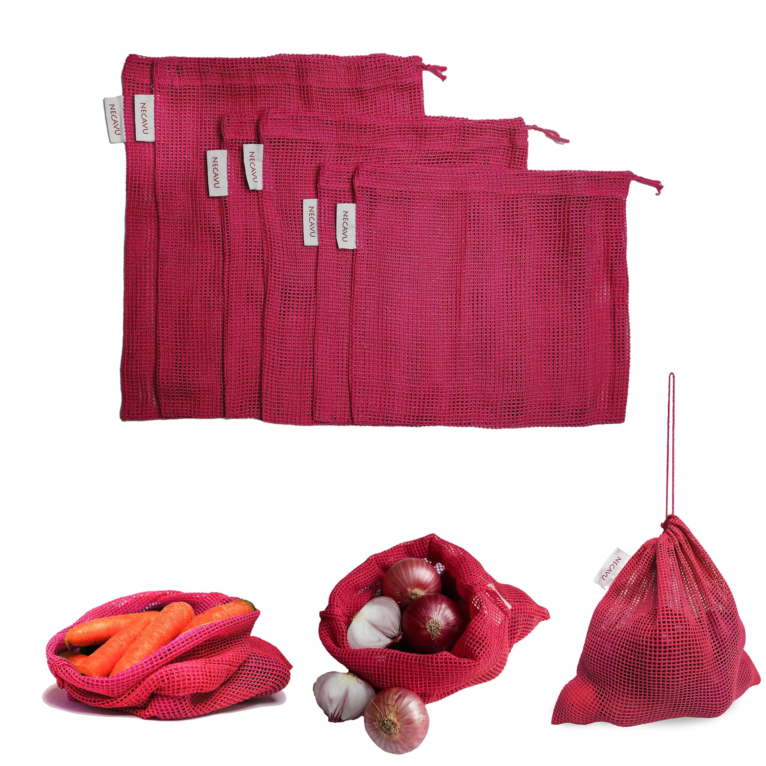 NECAVU 100% Cotton Reusable Fridge Storage Bags Set of 6 | Eco-friendly Onion Pink Vegetable Bags with Drawstring (25cm x 25cm, 25cm x 30cm, 25cm x 35cm)