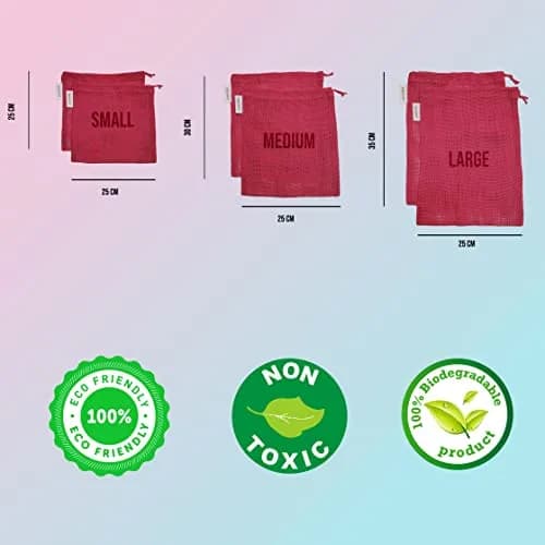 NECAVU 100% Cotton Reusable Fridge Storage Bags Set of 6 | Eco-friendly Onion Pink Vegetable Bags with Drawstring (25cm x 25cm, 25cm x 30cm, 25cm x 35cm) thumbnail 5