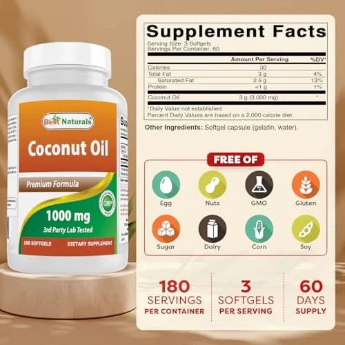 Best Naturals Extra Virgin Coconut Oil 1000 mg Softgel 180 Count | 3 Pack, Non-GMO, Gluten-Free, Made in USA thumbnail 2