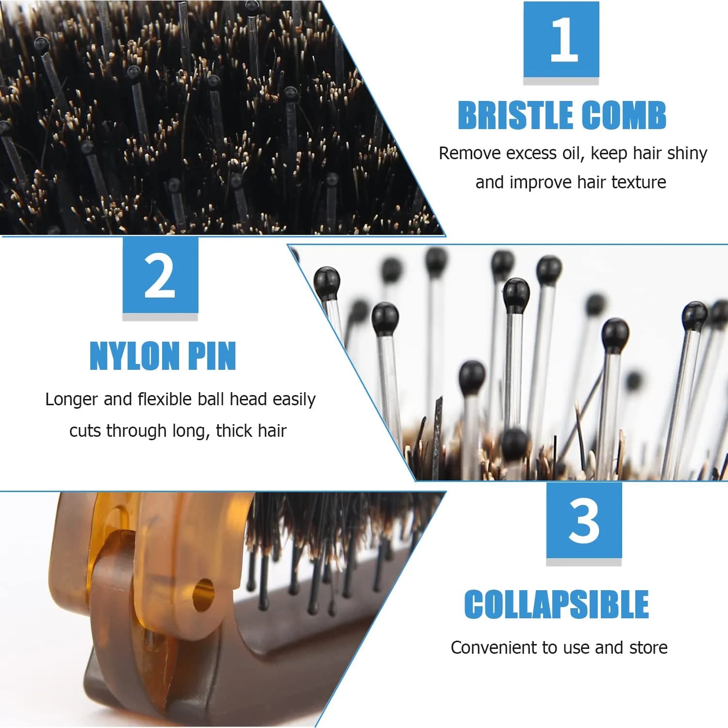 Ancable Folding Hair Brush with Boar Bristles & Nylon Pins, Amber, 1 Pack | Detangles & Smooths Hair - view 2