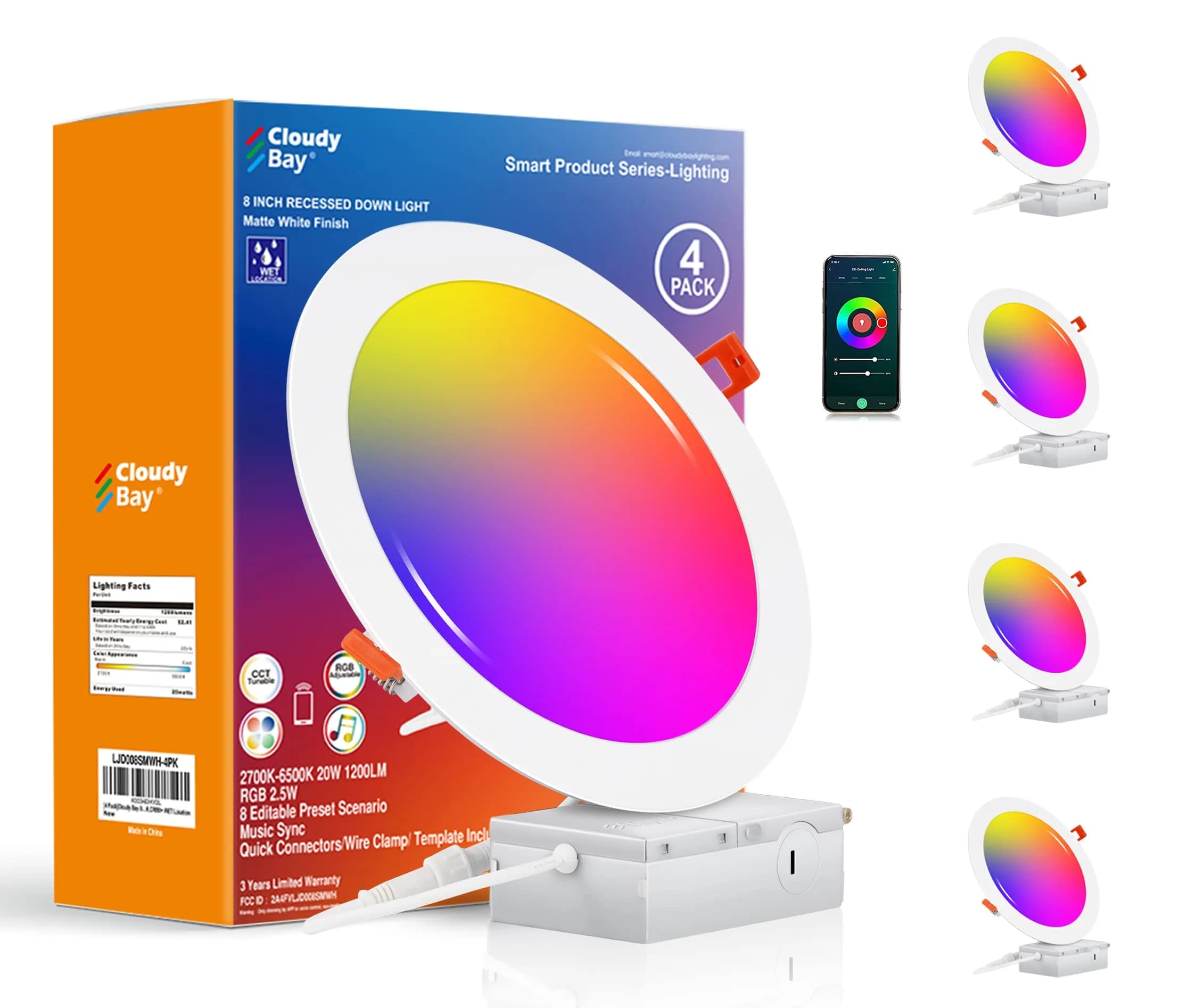 CLOUDY BAY 3 inch Smart WiFi LED Recessed Lights | RGBCW Color Changing, Alexa & Google Compatible, No Hub, 2700K-6500K, IC Rated — Rgbcw / Wifi