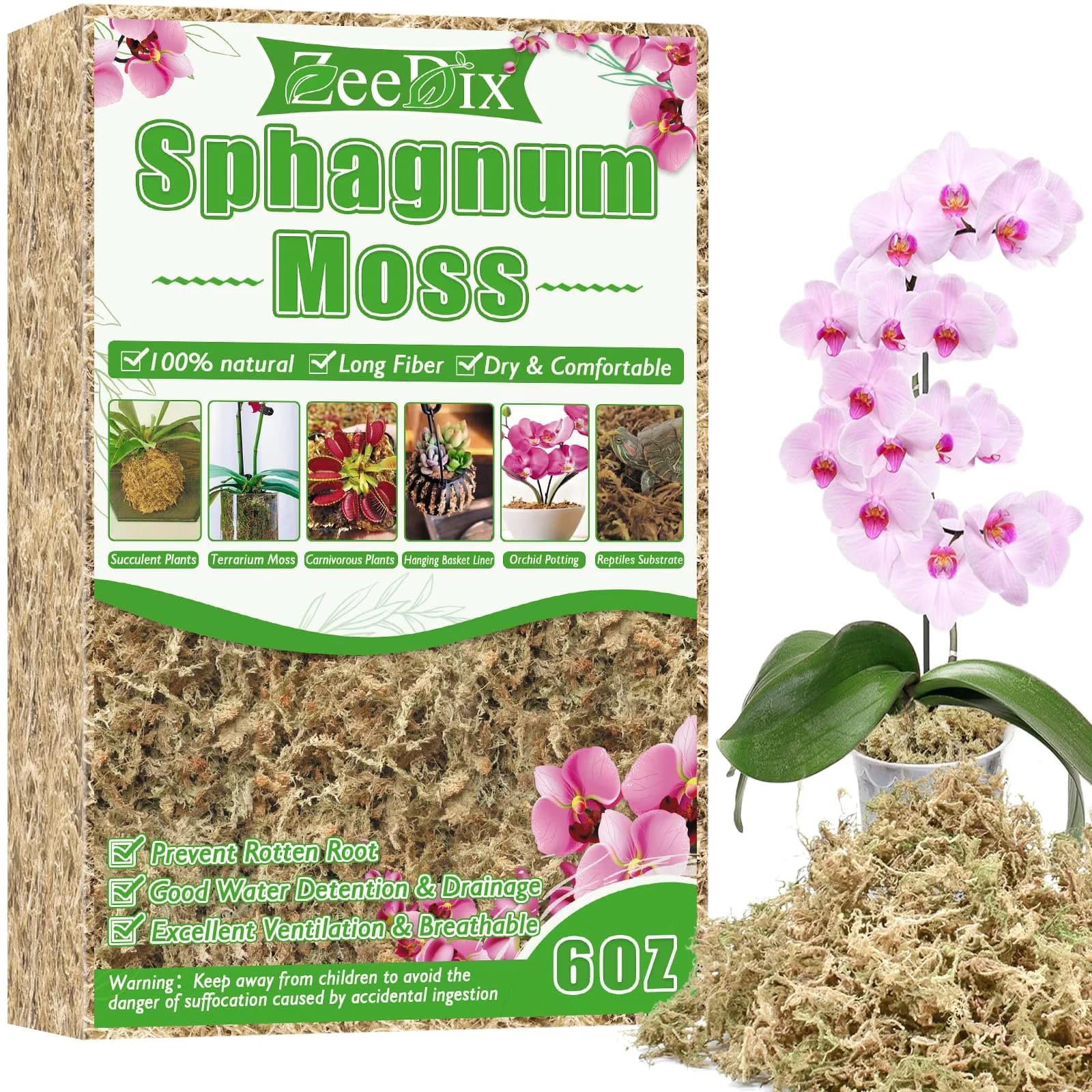 ZeeDix Natural Sphagnum Moss 6 oz (170g) | Long Fiber for Indoor Plants, Terrariums & Reptiles - main product image