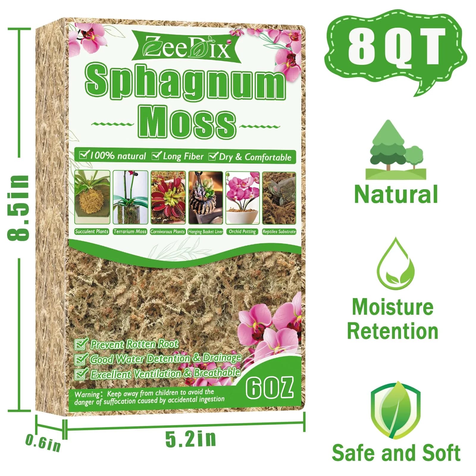 ZeeDix Natural Sphagnum Moss 6 oz (170g) | Long Fiber for Indoor Plants, Terrariums & Reptiles - view 2