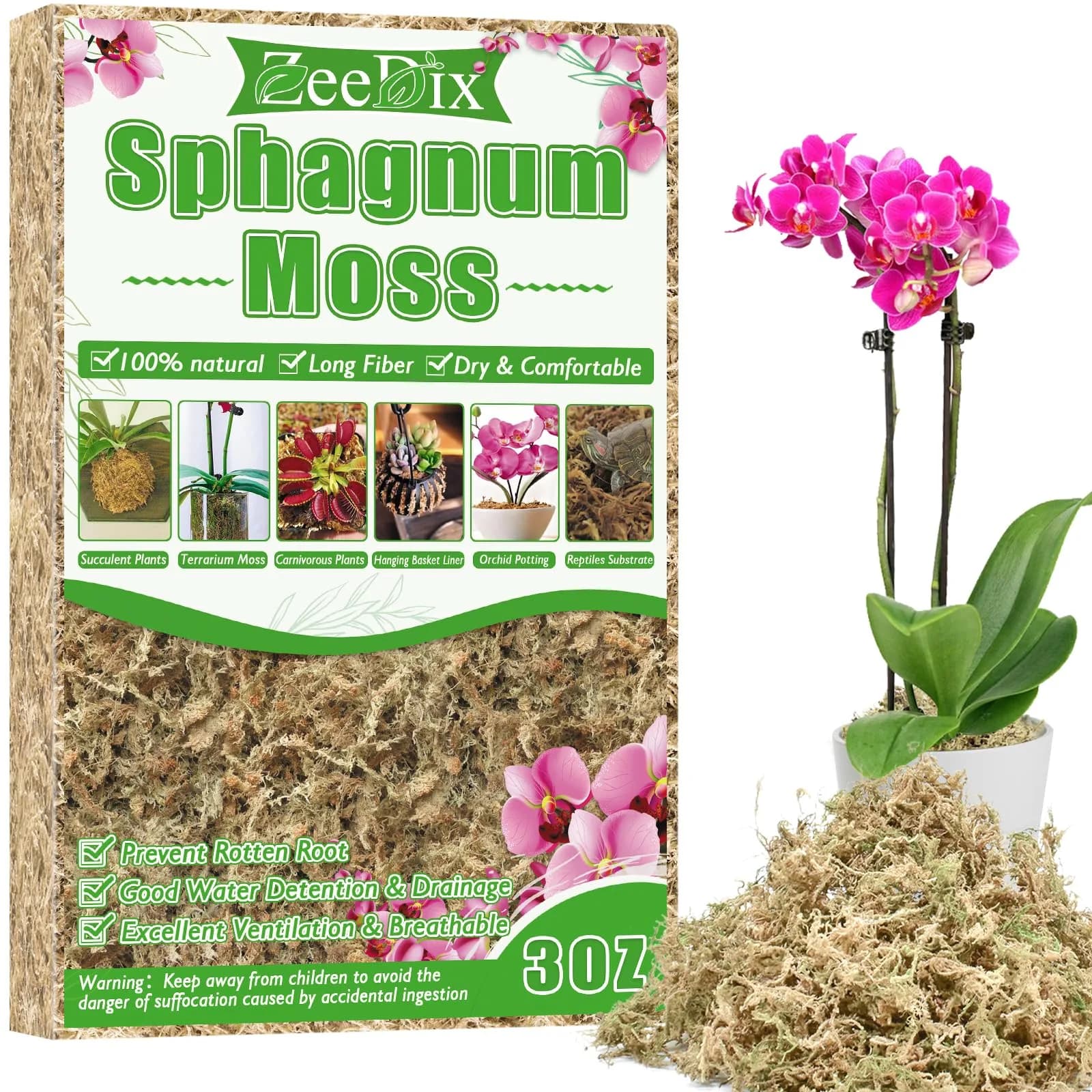ZeeDix Natural Sphagnum Moss 3 oz (170g) | Long Fiber Moss for Indoor Plants, Orchids, Carnivorous Plants, Succulents, Reptiles