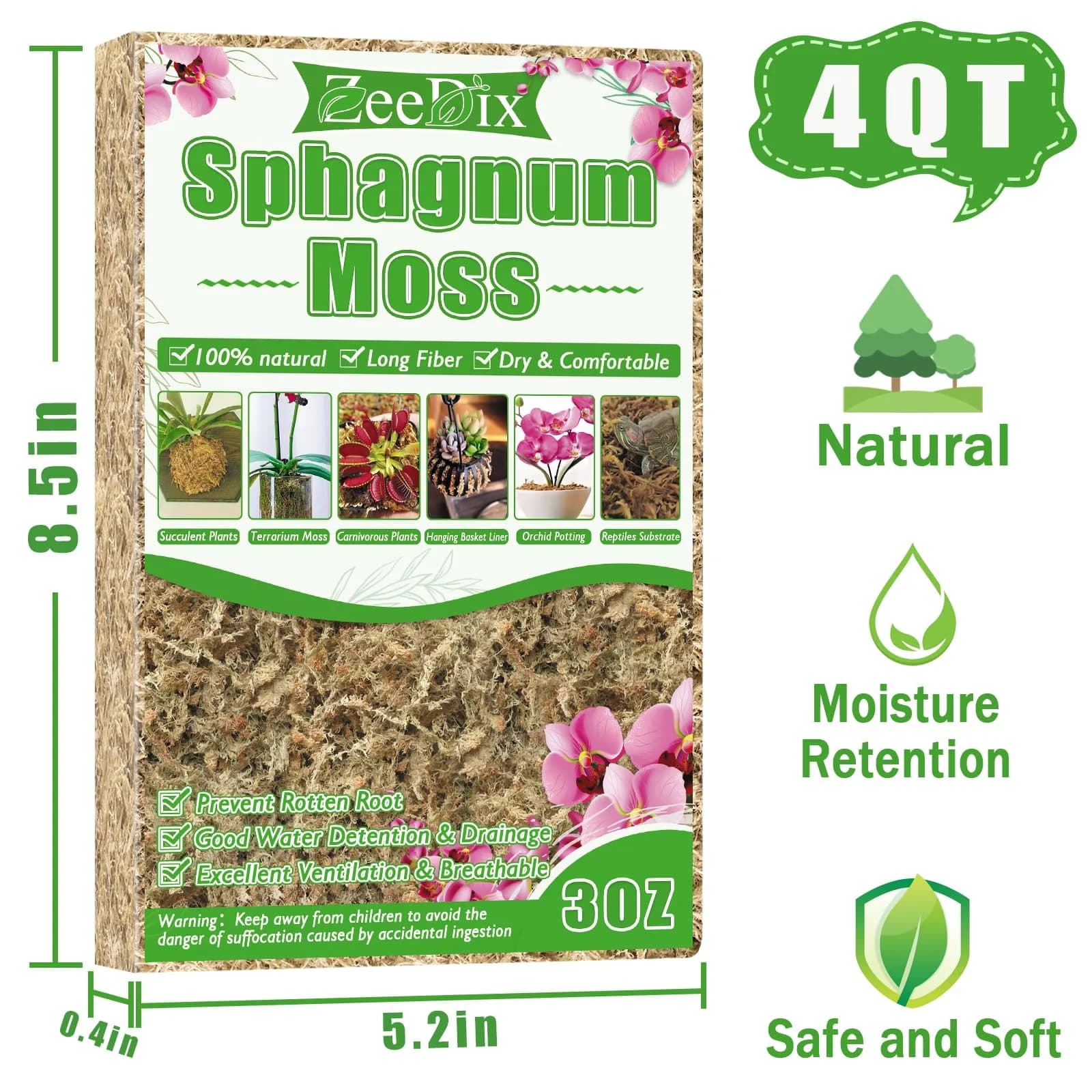 ZeeDix Natural Sphagnum Moss 3 oz (170g) | Long Fiber Moss for Indoor Plants, Orchids, Carnivorous Plants, Succulents, Reptiles - view 2