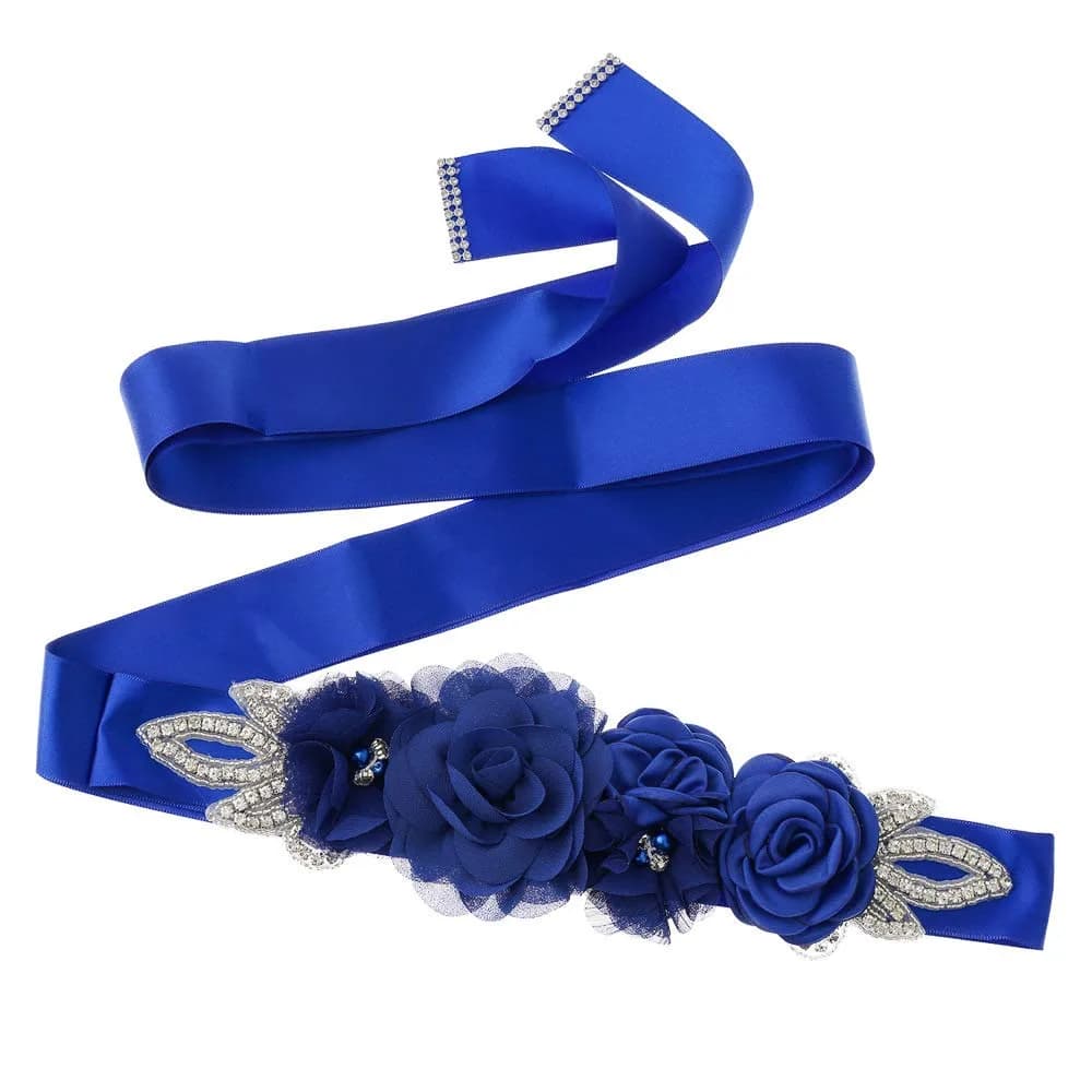 Huralona Wedding Sash Belt Satin Ribbon with Flowers Pearls Rhinestone | Elegant Bridal Accessory for Women — Royalblue