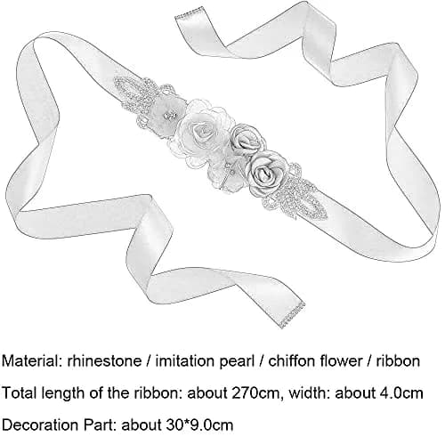 Huralona Wedding Sash Belt Satin Ribbon with Flowers Pearls Rhinestone | Elegant Bridal Accessory for Women thumbnail 3