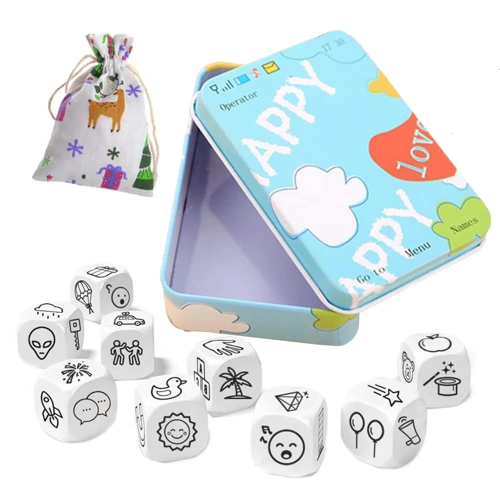 Mbarbs Happy Story 9 Cubes Bundle Dices Cube Set for Kids & Adults | Creative Storytelling Game with Iron Box Storage (120 chars) — 0.7 inches x 0.69 inches x 0.7 inches