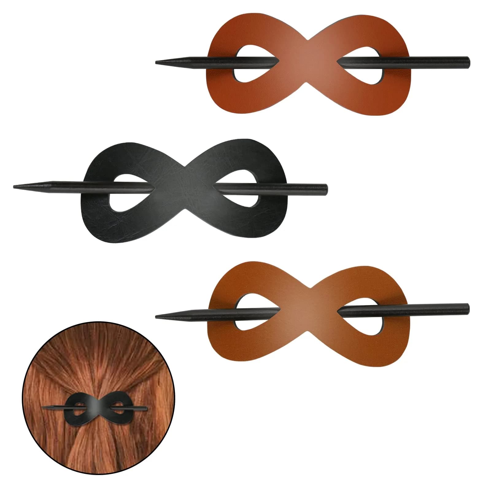 UHOMENY Leather Hair Barrettes 3 Pack | Elegant Faux Leather Hair Clips for Women — Khaki +Brown +Black