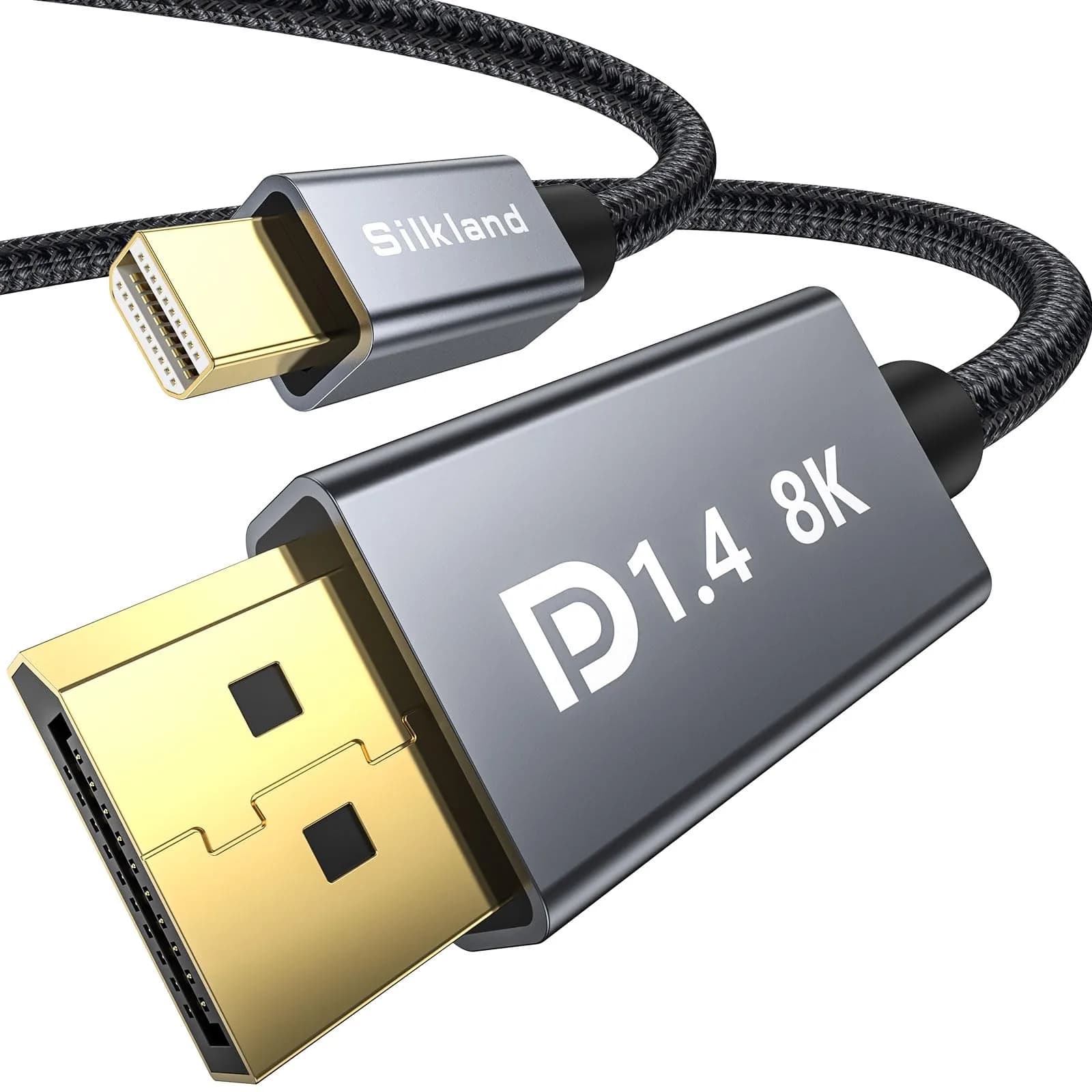 Silkland 8K Mini DisplayPort to DisplayPort 1.4 Cable 2.0m (6.6FT) | 32.4Gbps HBR3, HDR, G-Sync, FreeSync — Dark Grey