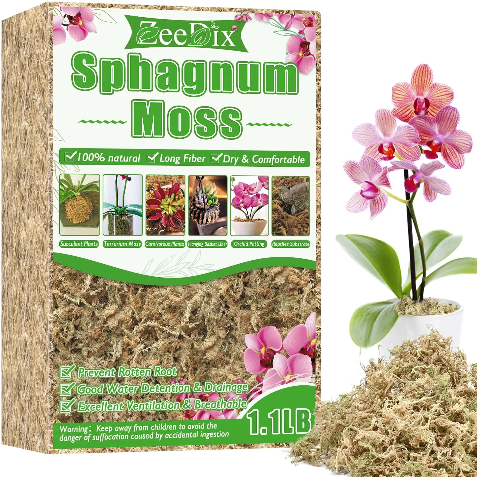 ZeeDix Natural Sphagnum Moss 0.49 kg (1.1 lb) | Expands to 25 qt for Indoor Plants — 1.1 pounds