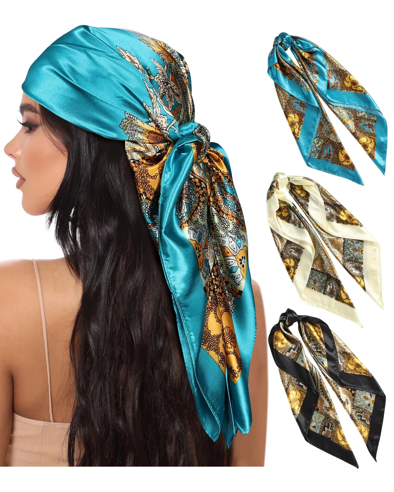 AWAYTR Satin Head Scarf for Women 3 Pcs 90x90cm | Elegant, Breathable & Versatile