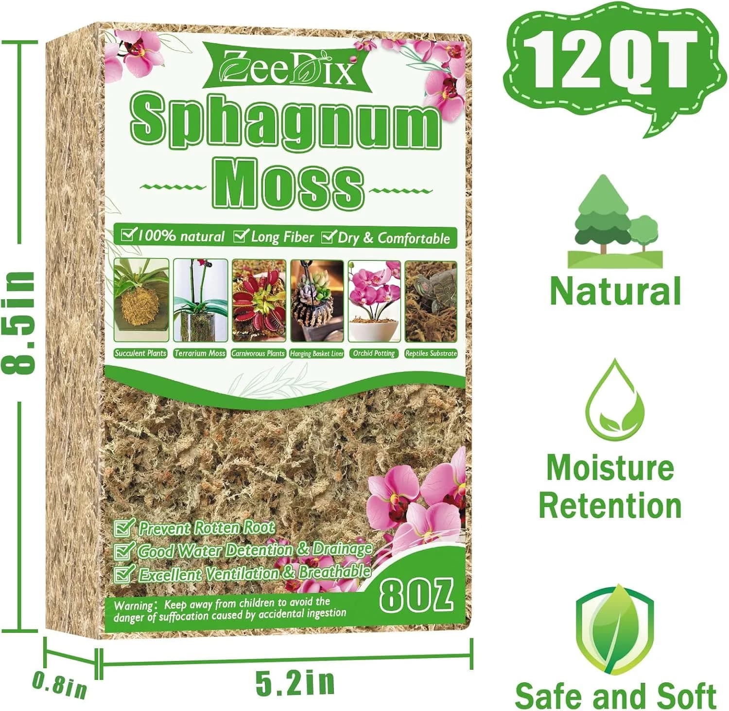 ZeeDix Natural Sphagnum Moss 8 oz (226g) | Expands to 12 qt for Indoor Plants & Reptiles - view 2