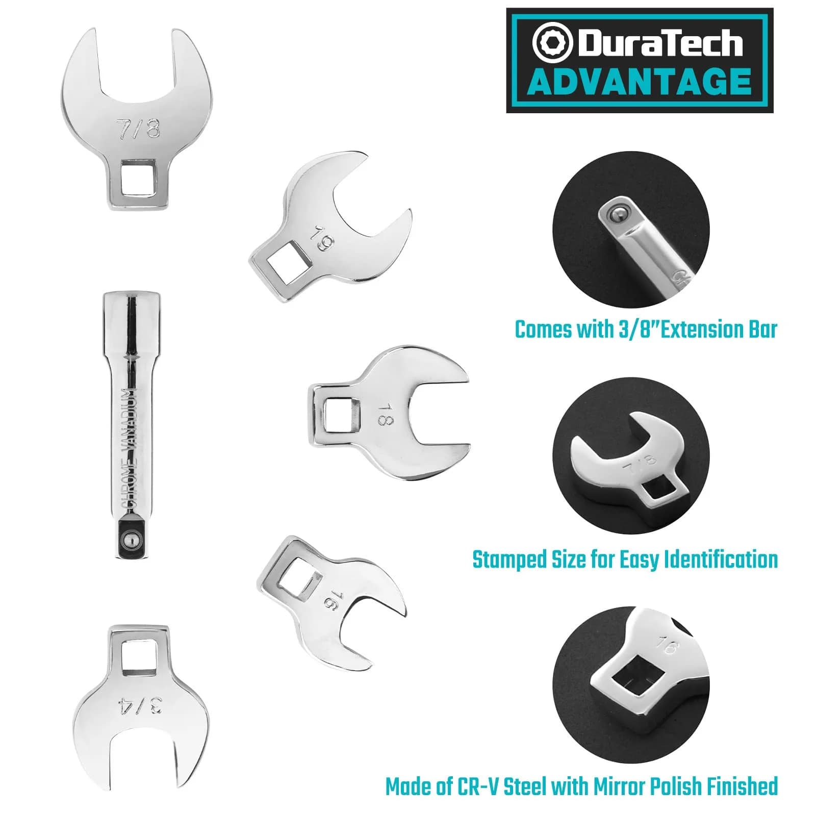 DURATECH 19-Piece 3/8" Drive Crowfoot Wrench Set with 2 Extension Bars | Metric & SAE for Tight Spaces - view 2