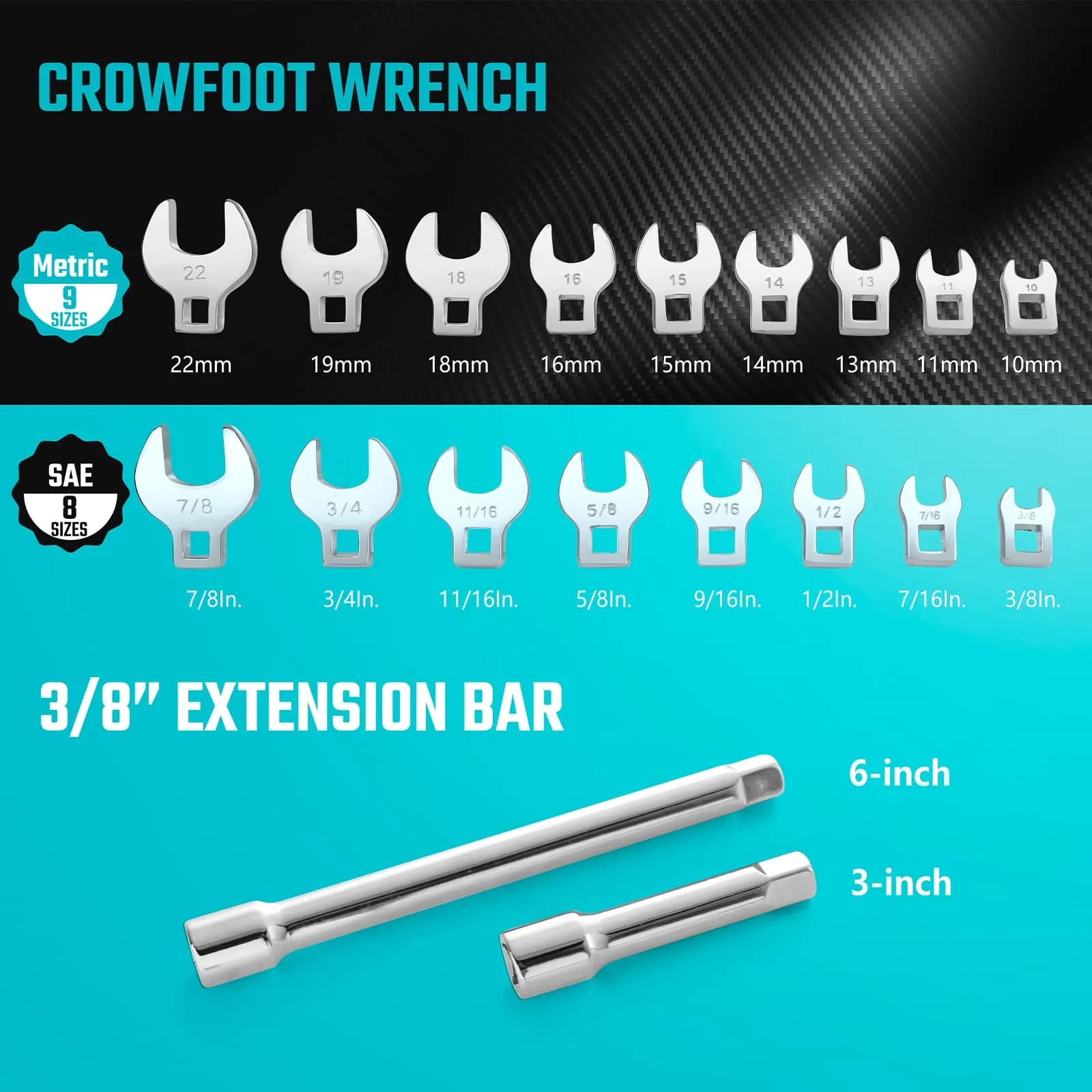 DURATECH 19-Piece 3/8" Drive Crowfoot Wrench Set with 2 Extension Bars | Metric & SAE for Tight Spaces - view 3