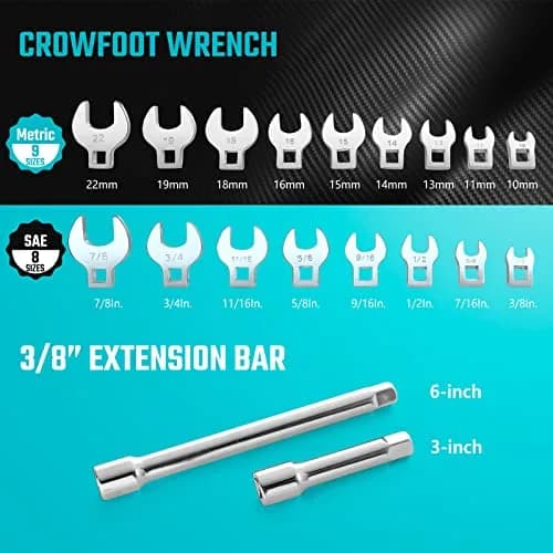 DURATECH 19-Piece 3/8" Drive Crowfoot Wrench Set with 2 Extension Bars | Metric & SAE for Tight Spaces thumbnail 3