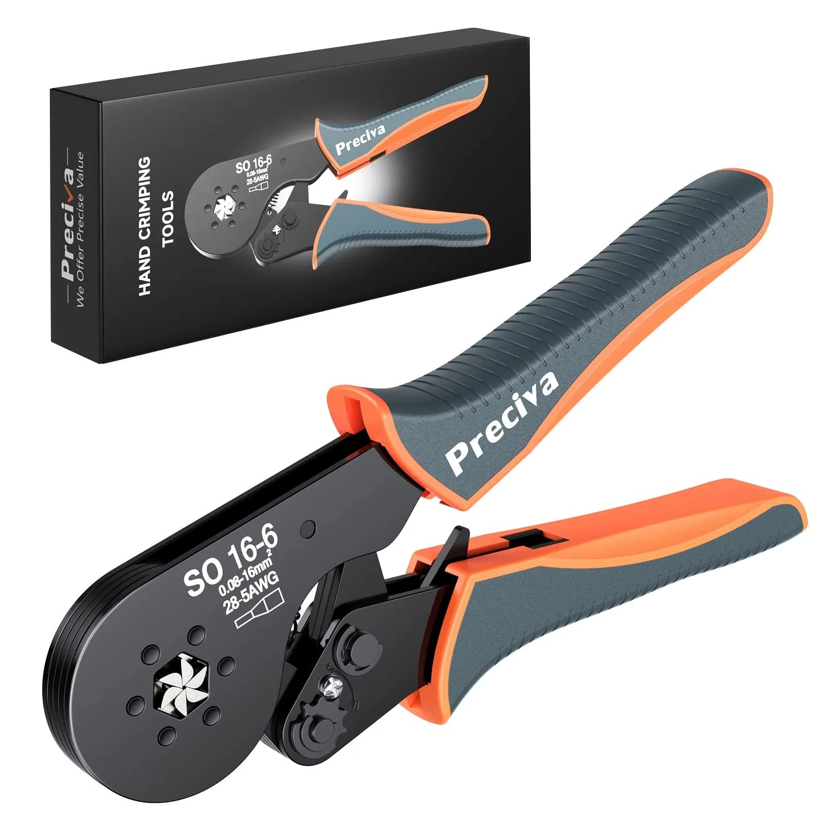 Preciva Hexagonal Ferrule Crimper Self-Adjusting Wire Crimping Pliers AWG 28-5 | Precise Hex Jaw, Ergonomic Handle, 6-Month Warranty