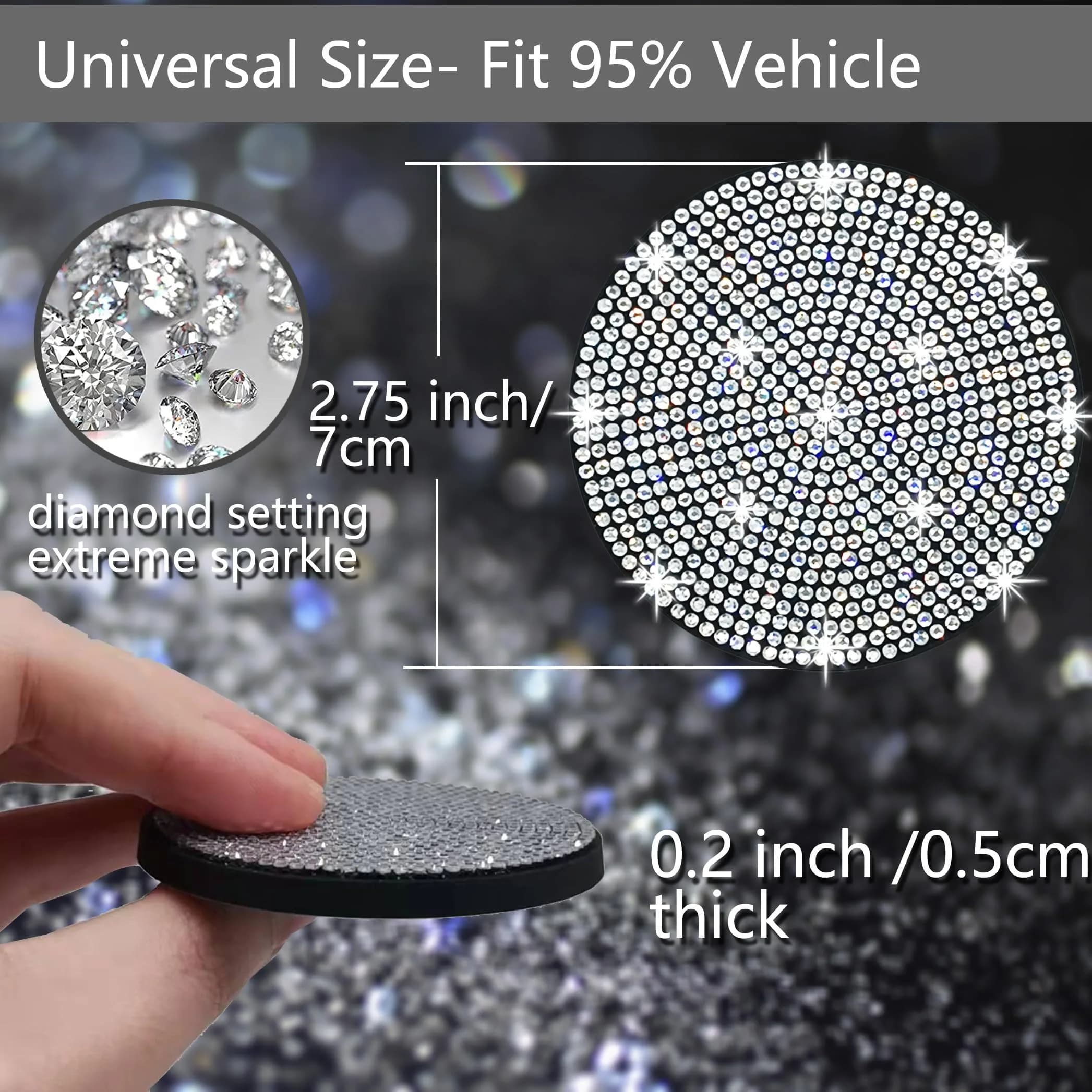 NBTEPEM Bling Car Cup Holder Coasters 2.75 inch (7 cm) - Set of 2 White Crystal | Universal Fit Automotive Interior Accessories - view 2