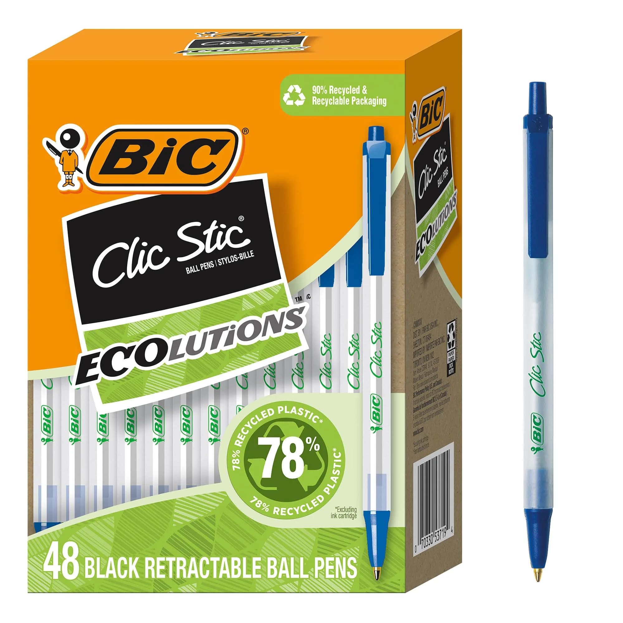 BIC Ecolutions Clic Stic Blue Ballpoint Pens, Medium Point, 48-Count | Smooth Ink Flow — Blue