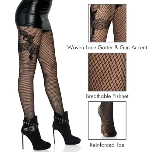Leg Avenue Women Gunslinger Tights, Black, One Size | Edgy Fishnet with Revolver Accent (70-120 chars) thumbnail 4