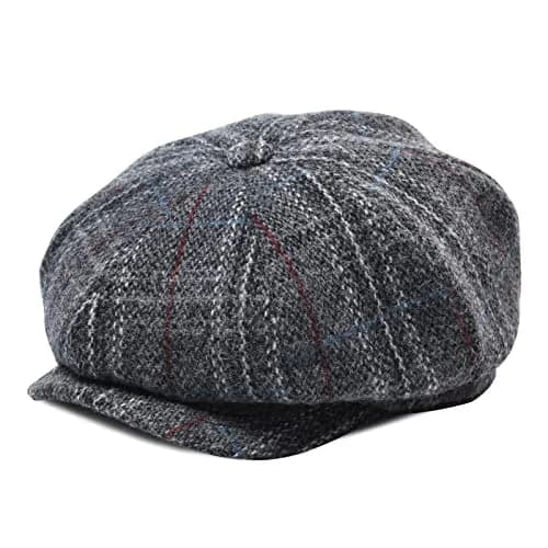 BOTVELA Wool Blend Newsboy Flat Cap Plaid Grey 7 7/8 | Classic 8 Panel Tweed Hat for Men thumbnail 1