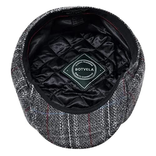 BOTVELA Wool Blend Newsboy Flat Cap Plaid Grey 7 7/8 | Classic 8 Panel Tweed Hat for Men thumbnail 6