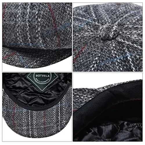 BOTVELA Wool Blend Newsboy Flat Cap Plaid Grey 7 7/8 | Classic 8 Panel Tweed Hat for Men thumbnail 7