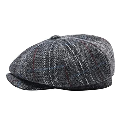 BOTVELA Wool Blend Newsboy Flat Cap Plaid Grey 7 7/8 | Classic 8 Panel Tweed Hat for Men thumbnail 2
