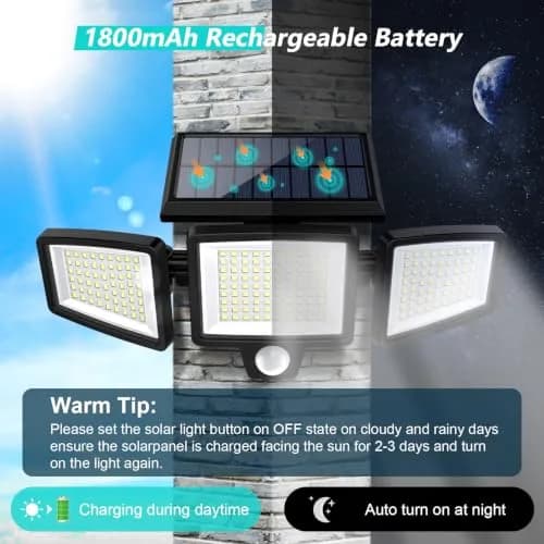Tuffenough Solar Outdoor Lights 2500LM 210 LED Security Lights with Remote Control, 3 Heads, Waterproof IP65, 270° Flood Wall Lights (3 Pack) thumbnail 4