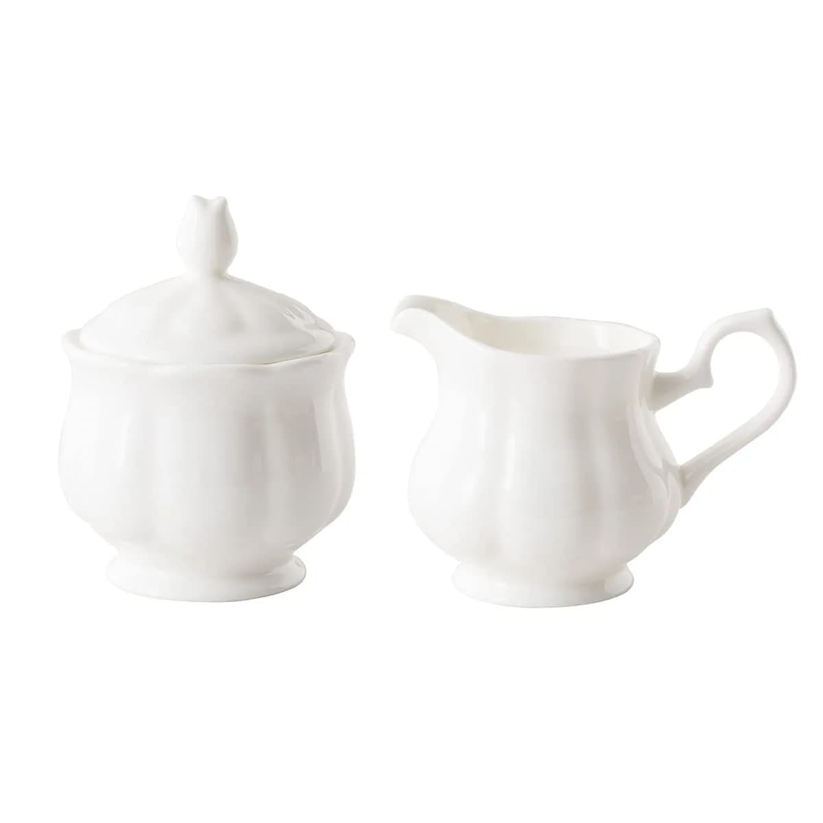 Bicuzat White Flower Shape Porcelain Sugar Bowl and Creamer Set with Lid 210ml (7 OZ) | Elegant Tableware for Tea Parties