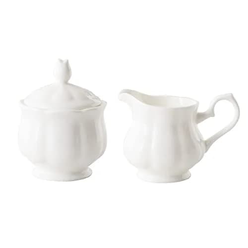 Bicuzat White Flower Shape Porcelain Sugar Bowl and Creamer Set with Lid 210ml (7 OZ) | Elegant Tableware for Tea Parties thumbnail 1