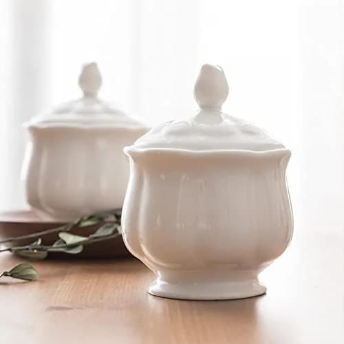 Bicuzat White Flower Shape Porcelain Sugar Bowl and Creamer Set with Lid 210ml (7 OZ) | Elegant Tableware for Tea Parties thumbnail 8